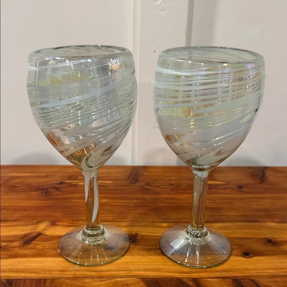 Hand Blown in Mexico Iridescent Art Glass White Silver Swirl Wine Glasses x 2